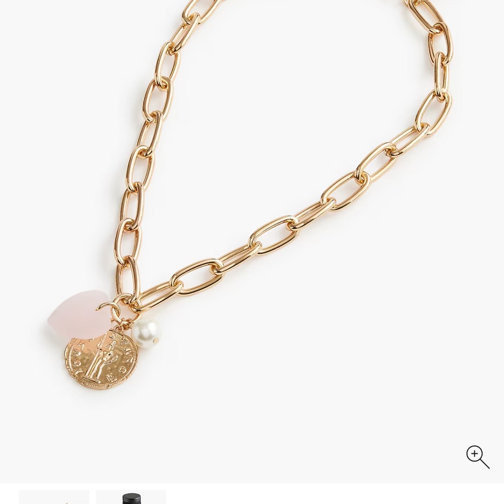 J Crew Gold Link Charm Necklace with Pink Pendant and Pearl